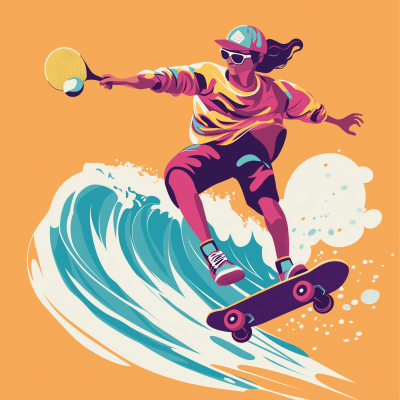 Stylish Pickleball Skateboarding Illustration