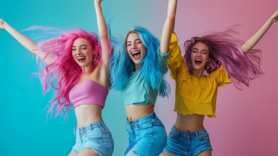 Millennial Women Dancing with Pink and Blue Hair