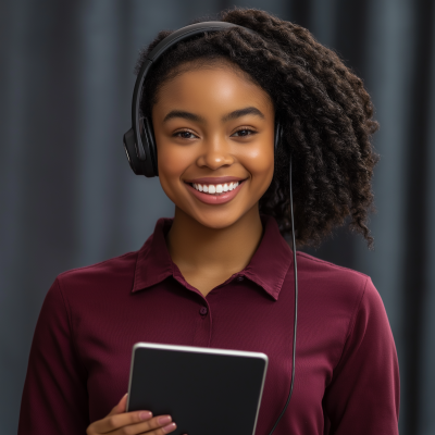 Smiling College Student with Headset and iPad