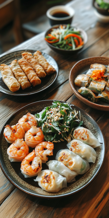 Asian Appetizer Spread on Wooden Table