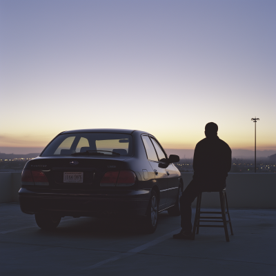 Young Adult on Stool Next to Car at Dawn