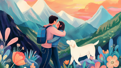 Handrawn Hugging People with Mountain and Flowers