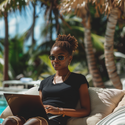 Girl using laptop on sunbed