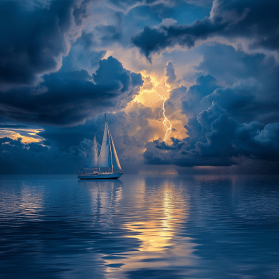 Lonely Sailboat on Calm Sea with Stormclouds