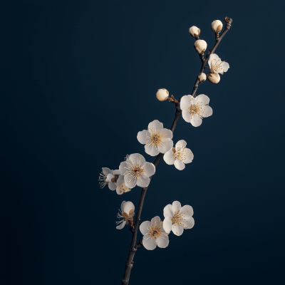 Plum Blossom Branch on Navy Blue Background