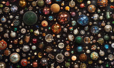 Vintage Christmas Ornaments and Beads on Black Background