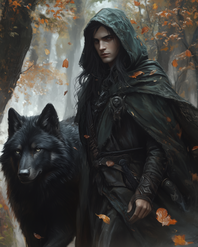 Fantasy Elf and Wolf in the Forest