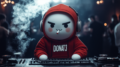 Anthropomorphic Marshmallow with Red Hoodie at Nightclub