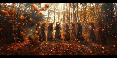 Women in flower crowns performing mystical ritual in autumn forest