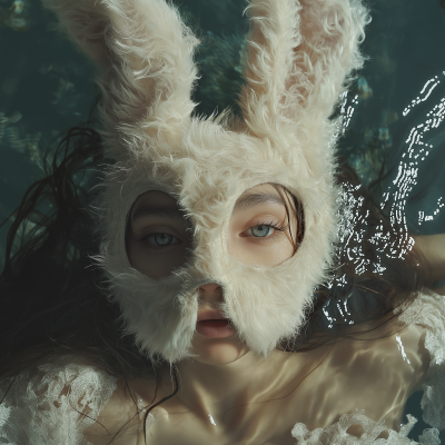 Model with Fluffy Bunny Mask in Water