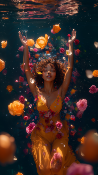 Floating Afro Woman Surrounded by Flowers