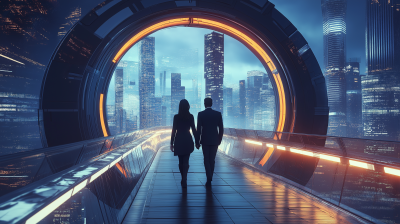 Futuristic Business Couple on Bridge