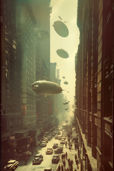 1950s New York Skyline with Airships