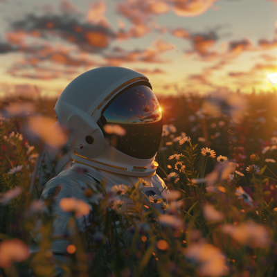 Space Suit Helmet in Field at Sunset