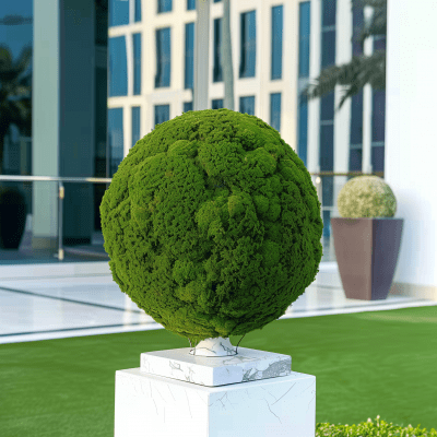 Decorative Moss Grass Ball on Outdoor Sculpture in Dubai Luxury House Yard