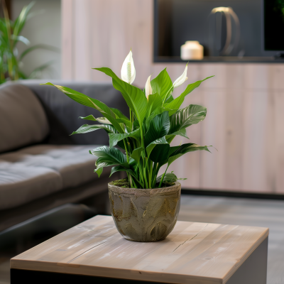 Close-up of artificial Spathiphyllum plant in a round ceramic pot