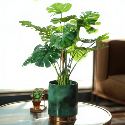 Dark Green Monstera Artificial Flower in Ceramic Pot