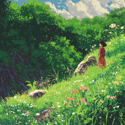 Pixelated Grass with Hayao Miyazaki Style Colors