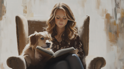 Woman Writing in Armchair with Dog