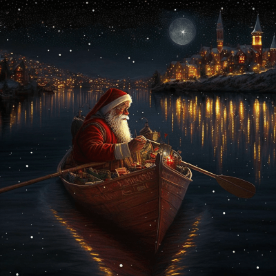 Santa Claus approaching Christmas town on a boat