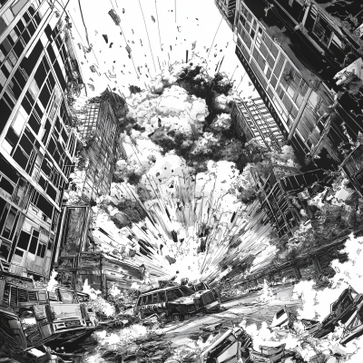 Cityscape Destruction in Old Manga Style