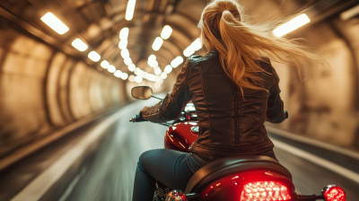 Blonde Girl Riding a Harley Davidson Motorcycle with Tinkerbell in the City Tunnel