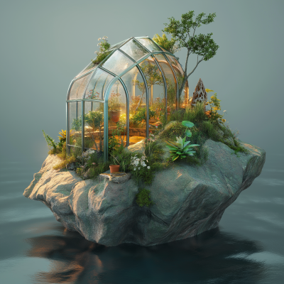 Magical rock island with greenhouse