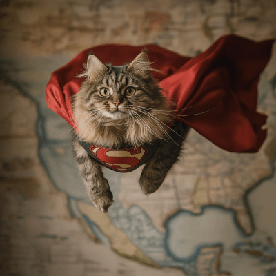 Flying Norwegian Forrest Cat over Map of America