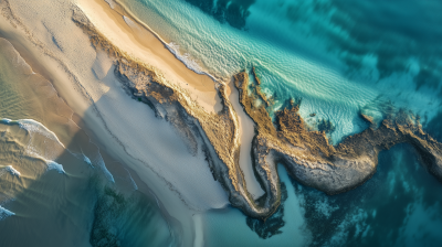 Aerial View of Sand Embankments and Rocks in the Ocean