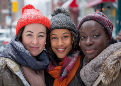 Three Women in Snowy Downtown