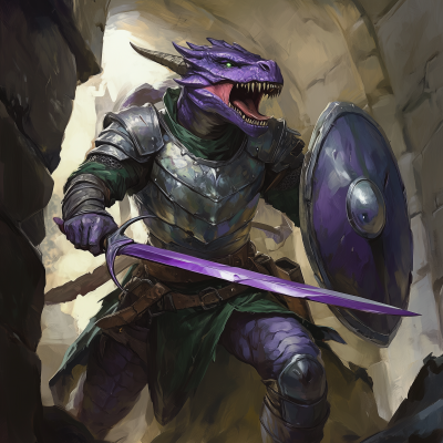 Purple Dragonborn Dungeons and Dragons Character Roaring in a Dungeon