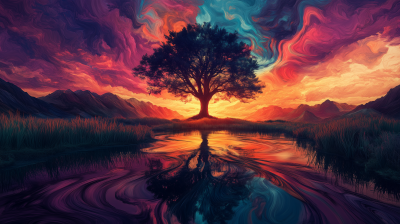 Majestic Sunset Tree in Surreal Landscape