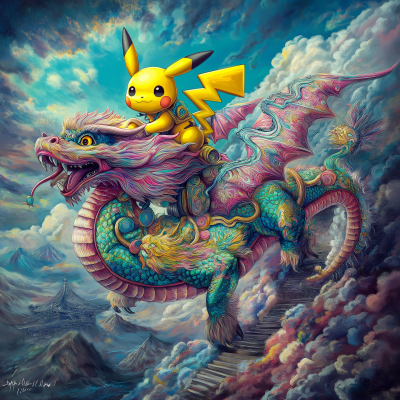 Pikachu Riding a Dragon