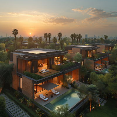 Sunset Aerial View of Modern Houses in Riad with Club House and Swimming Pool