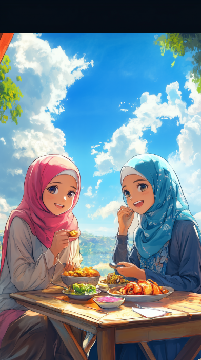 Muslim girls enjoying Malaysian cuisine in anime style