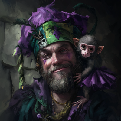 Jester Hat Man with Monkey in Dark Stone Room