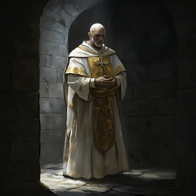 Fantasy Priest in Front of Stone Wall