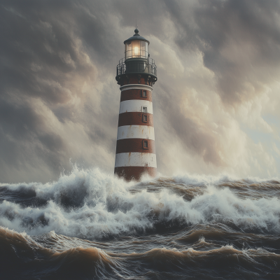 Striped Lighthouse against Crashing Waves