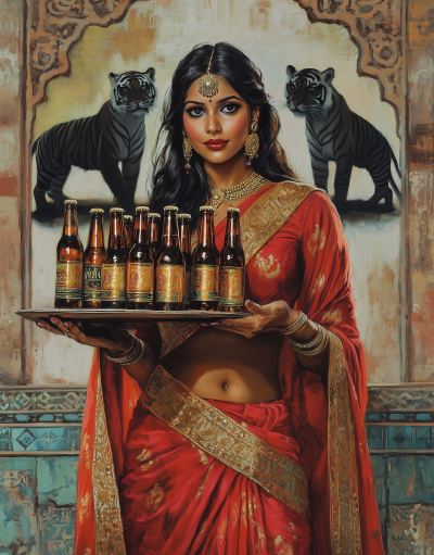 Indian Woman Holding Tray of Beers