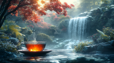 Serene Waterfall Landscape with Tea