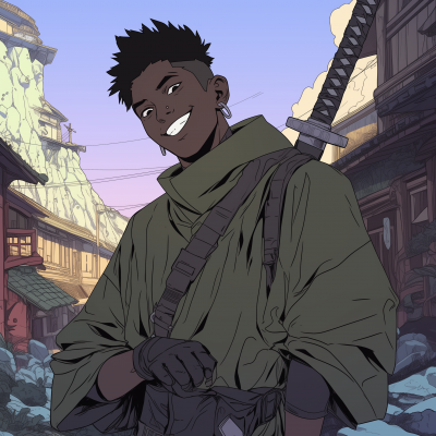 Smiling dark skinned man in unique attire in a rocky village