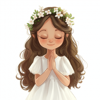 Quirky Communion Girl Praying in Storybook Style