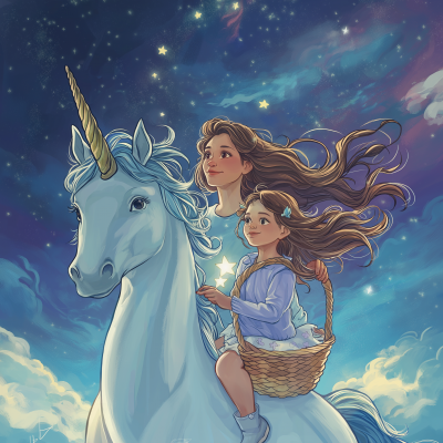 Mother and Daughter Flying on Unicorn in Space