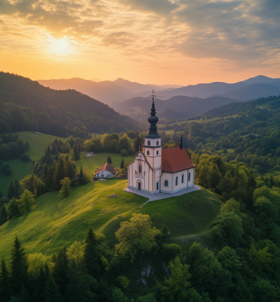 Spired Church in Skofja Loka at Sunset