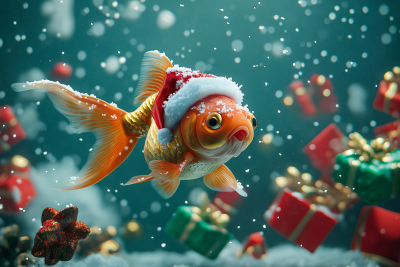 Smiling Goldfish Dressed as Santa Claus