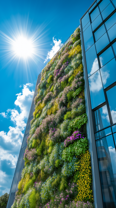 Green Wall with Flowers on a Modern Business Building