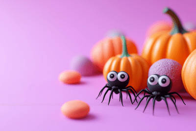 Halloween Candy and Black Spiders with Pumpkins