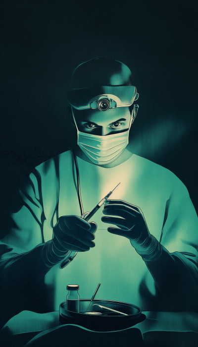 Vintage Surgeon with Teal Scrubs and Headlamp