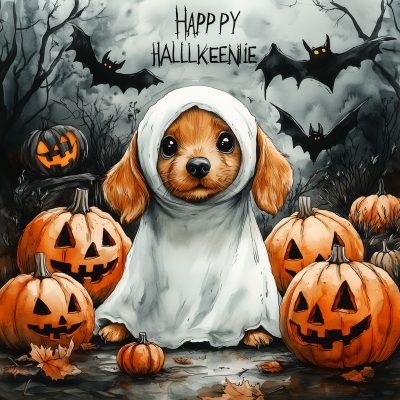 Watercolor Hand Drawn Dachshund Puppy in Ghost Costume