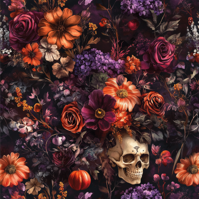 Gothic Style Floral Illustration with Skulls